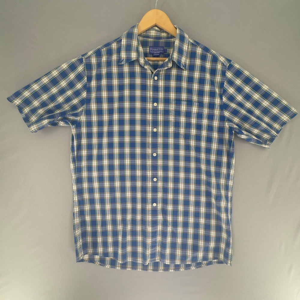 Pendleton Mens Large Blue Green Plaid Short Sleeve Cotton Button Up Shirt